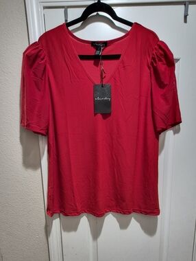 A Love Story Red Puff Sleeve Blouse | Size 1X | Sheer Sleeve Detail